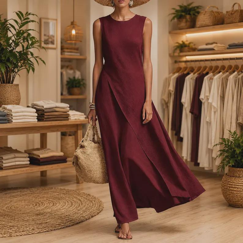 Linen Maxi Dress Women, Elegant Sleeveless Boho , Flowy Summer Beach, LooseFit Vacation Outfit