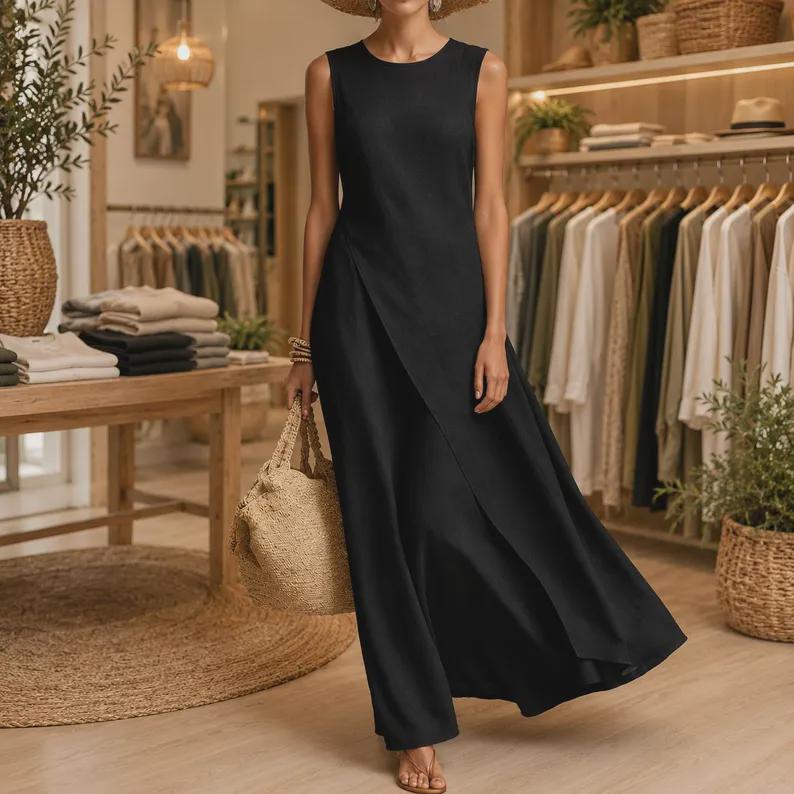 Linen Maxi Dress Women, Elegant Sleeveless Boho , Flowy Summer Beach, LooseFit Vacation Outfit