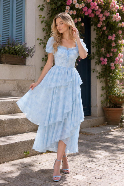 Floral Chiffon Dress Summer Irregular Slim Elegant Casual Vacation Boho Party Lightweight Feminine