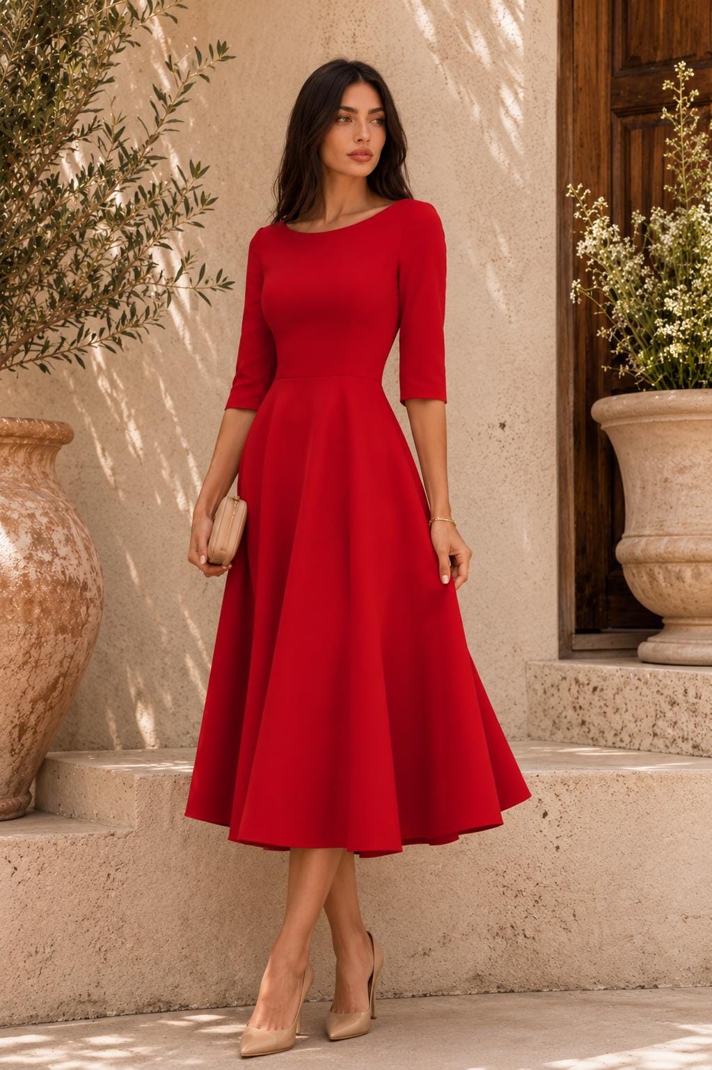 Elegant Midi Dress | A-Line Full Skirt, Boat Neckline, 3/4 Sleeves