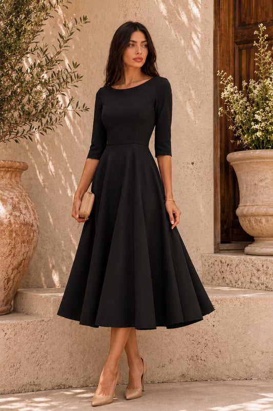 Elegant Midi Dress | A-Line Full Skirt, Boat Neckline, 3/4 Sleeves