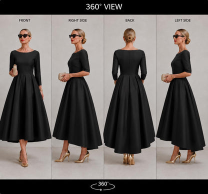 Elegant Midi Dress | A-Line Full Skirt, Boat Neckline, 3/4 Sleeves
