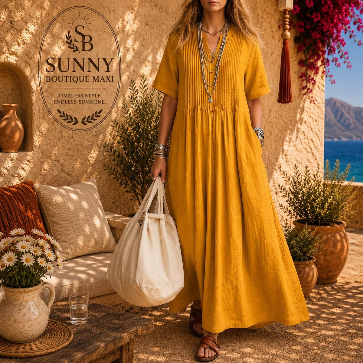 Womens Flowy Cotton Linen Maxi Dress, V-Neck Pleated Summer Outfit