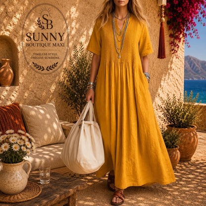 Womens Flowy Cotton Linen Maxi Dress, V-Neck Pleated Summer Outfit
