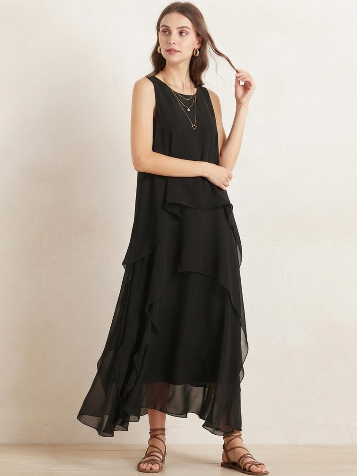 Women's Chiffon Maxi Dress Sleeveless O Neck Asymmetrical Ruffle Layered Summer Party Holiday Elegant Dress