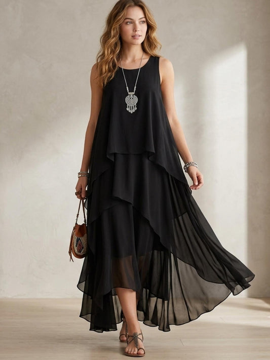 Women's Chiffon Maxi Dress Sleeveless O Neck Asymmetrical Ruffle Layered Summer Party Holiday Elegant Dress