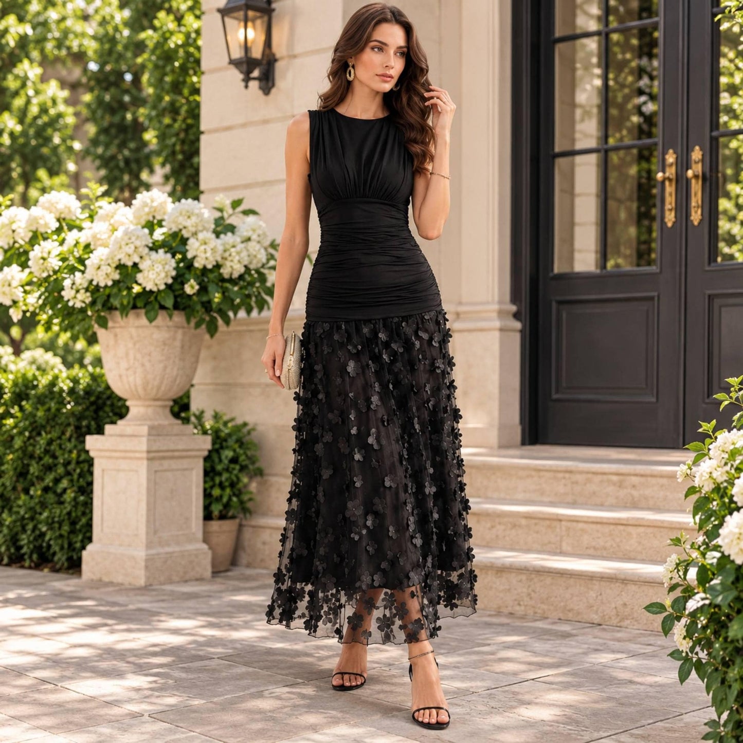 Women's Black Sleeveless Maxi Dress Floral Mesh Elegant Evening Wedding Guest Party Gown Formal