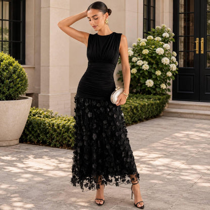 Women's Black Sleeveless Maxi Dress Floral Mesh Elegant Evening Wedding Guest Party Gown Formal