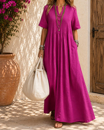 Casual Loose V-Neck Short Sleeve Pleated Cotton Linen Maxi Dress for Women