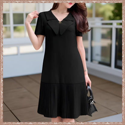 Elegant Pleated Hem Dress, Chic V-Neck Short Sleeve, Women's Summer Midi Vestidos, Celebrity Dresses, Short Sleeve Fitted Waist Robes Femme