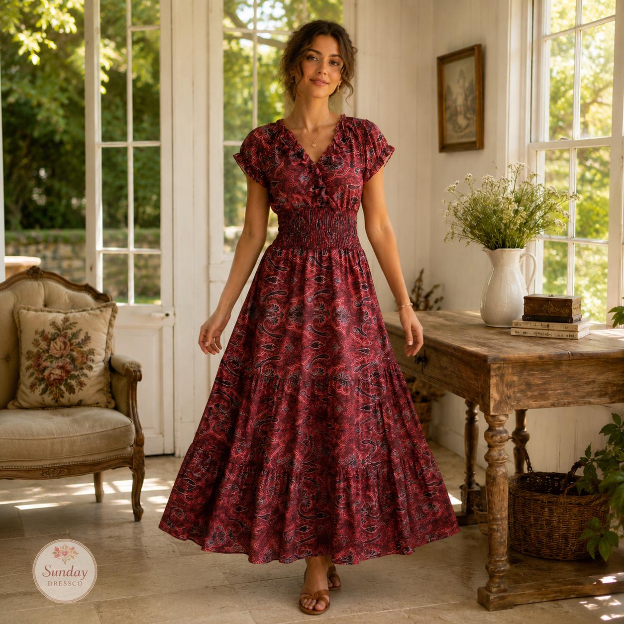 Paisley Maxi Dress Ruffle Neck - Boho Summer Dress, Women's Clothing, Garden Party