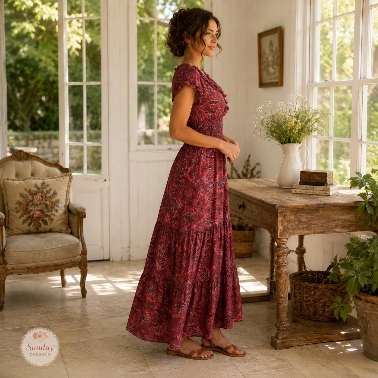Paisley Maxi Dress Ruffle Neck - Boho Summer Dress, Women's Clothing, Garden Party