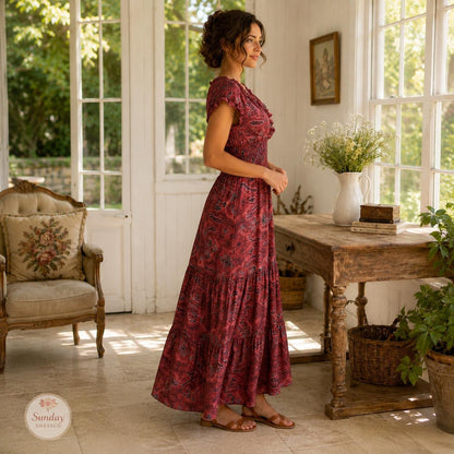Paisley Maxi Dress Ruffle Neck - Boho Summer Dress, Women's Clothing, Garden Party