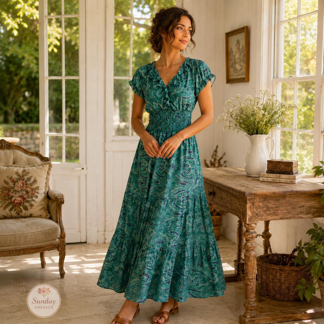 Paisley Maxi Dress Ruffle Neck - Boho Summer Dress, Women's Clothing, Garden Party