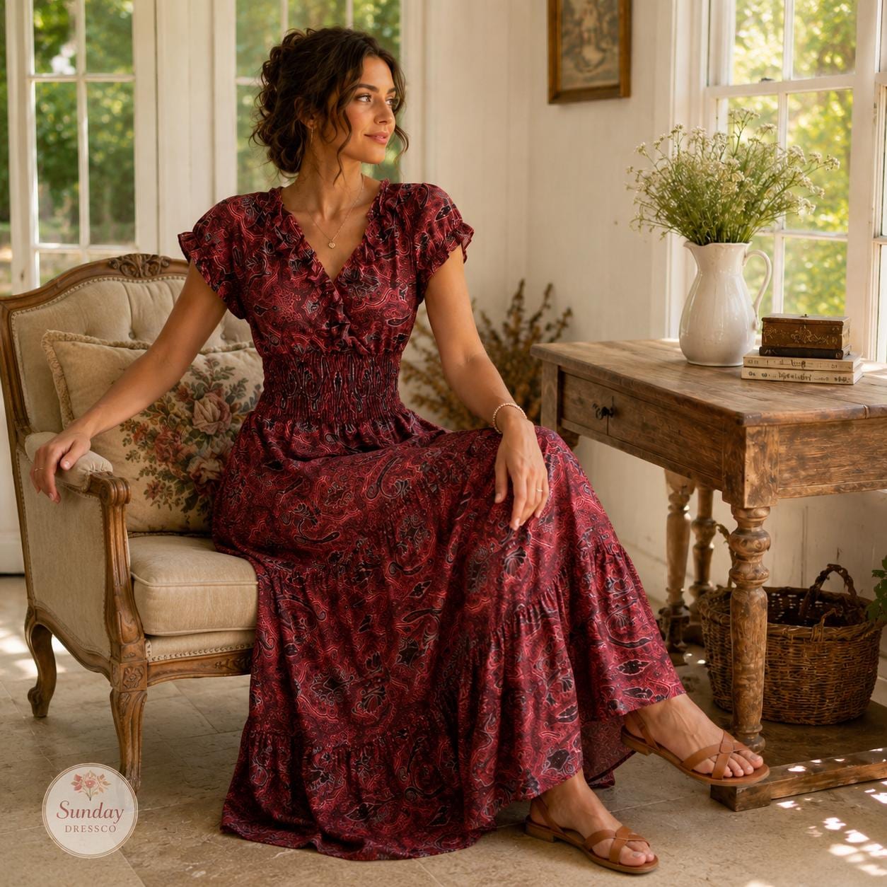 Paisley Maxi Dress Ruffle Neck - Boho Summer Dress, Women's Clothing, Garden Party