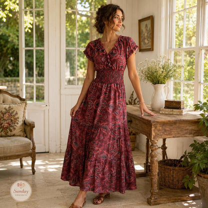 Paisley Maxi Dress Ruffle Neck - Boho Summer Dress, Women's Clothing, Garden Party
