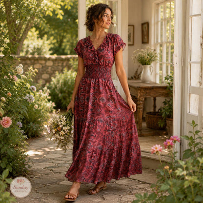 Paisley Maxi Dress Ruffle Neck - Boho Summer Dress, Women's Clothing, Garden Party