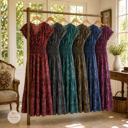 Paisley Maxi Dress Ruffle Neck - Boho Summer Dress, Women's Clothing, Garden Party