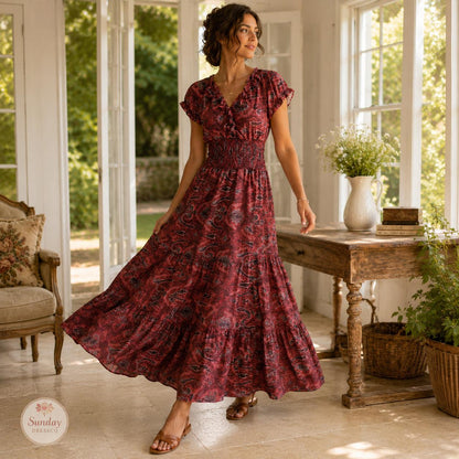 Paisley Maxi Dress Ruffle Neck - Boho Summer Dress, Women's Clothing, Garden Party