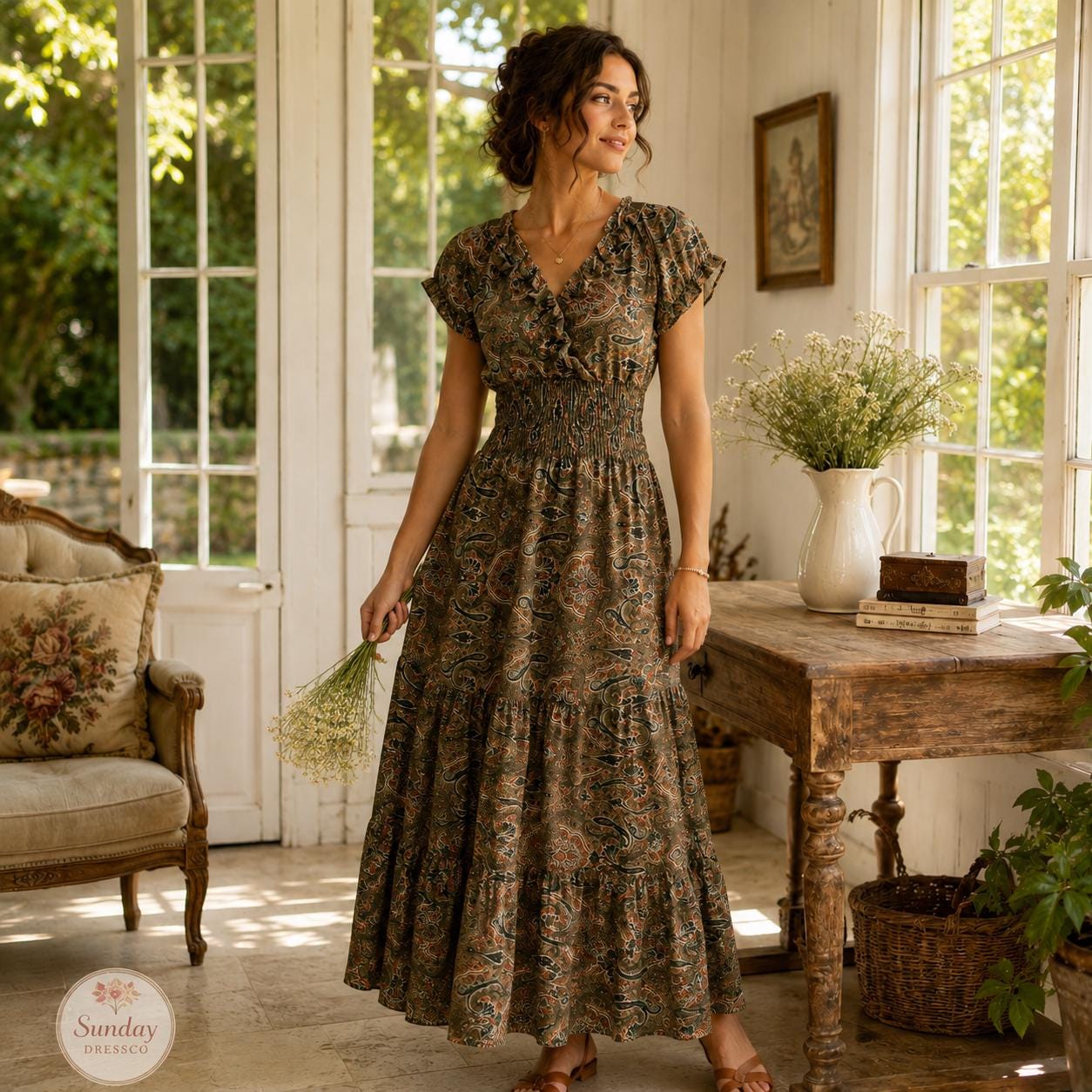 Paisley Maxi Dress Ruffle Neck - Boho Summer Dress, Women's Clothing, Garden Party