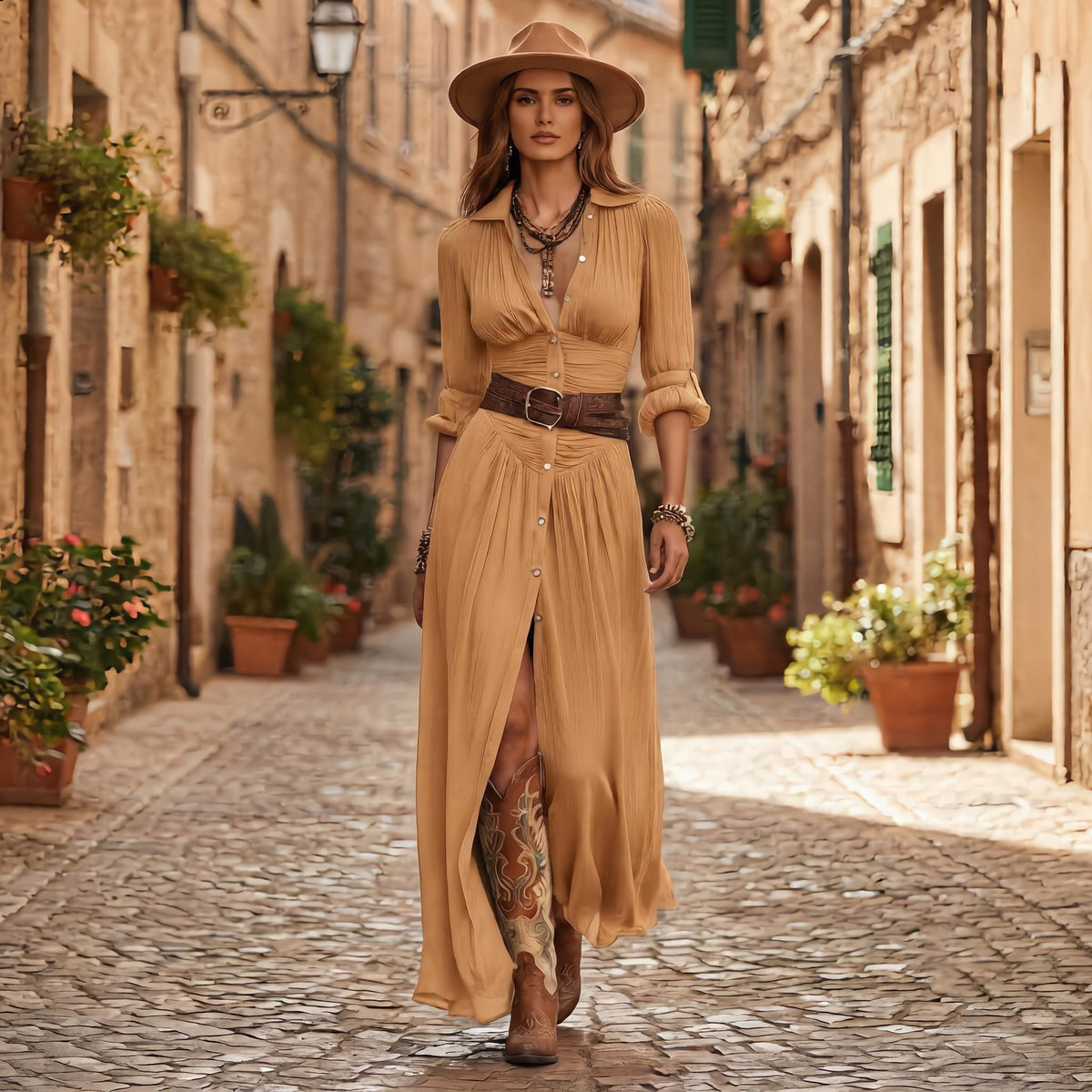 Boho Western Maxi Dress, Pleated V-Neck Button Front, Belted Festival Dress