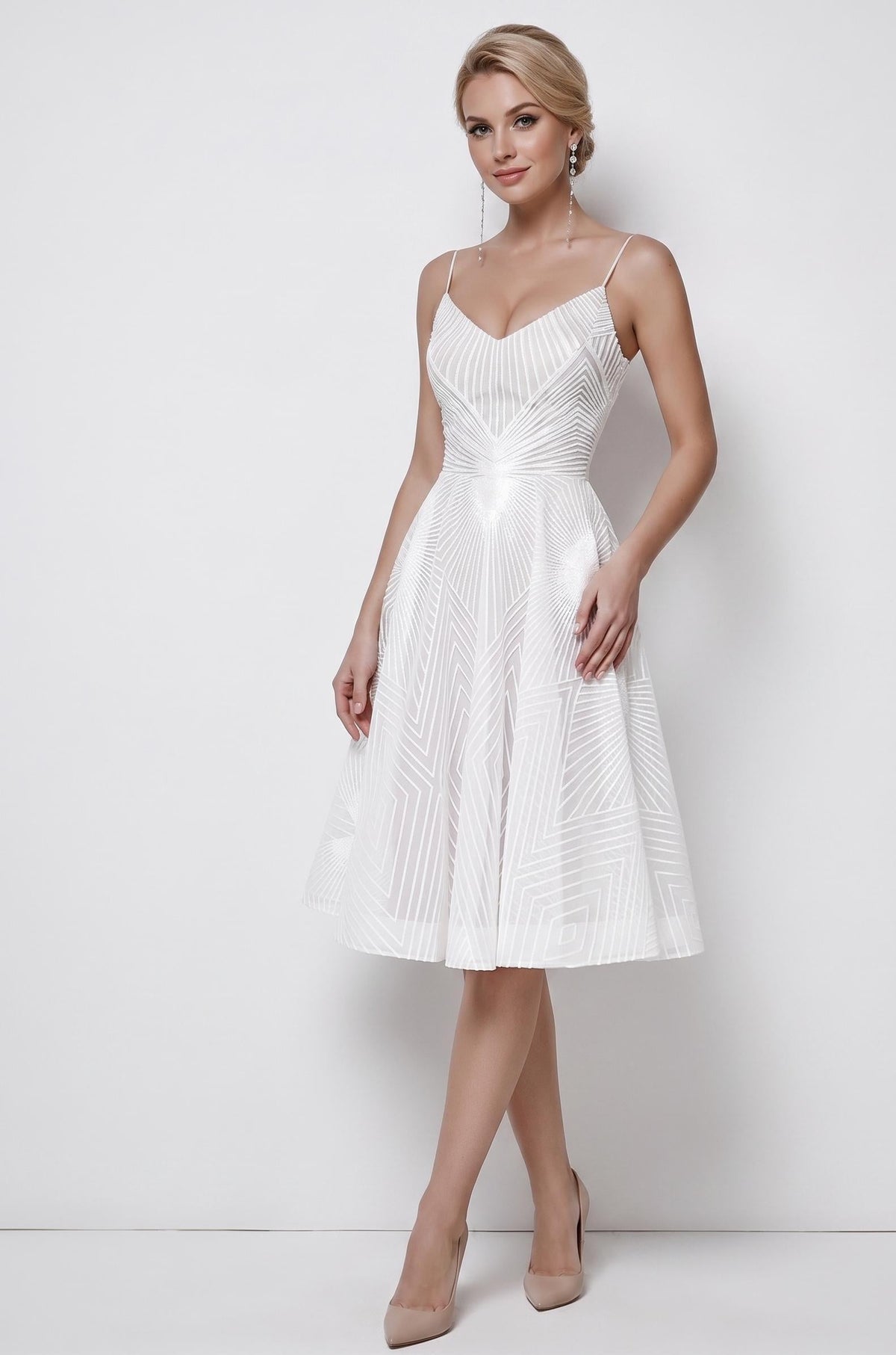 Geometric Print Open-Back Cocktail Dress | V-Neck Spaghetti Strap Midi Gown