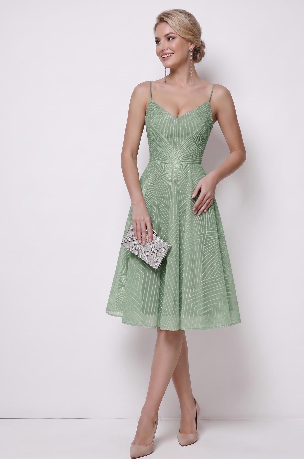 Geometric Print Open-Back Cocktail Dress | V-Neck Spaghetti Strap Midi Gown