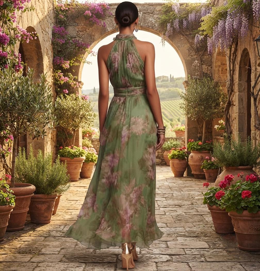 Green Floral Halter Maxi Dress, Boho Summer Wedding Guest Gown