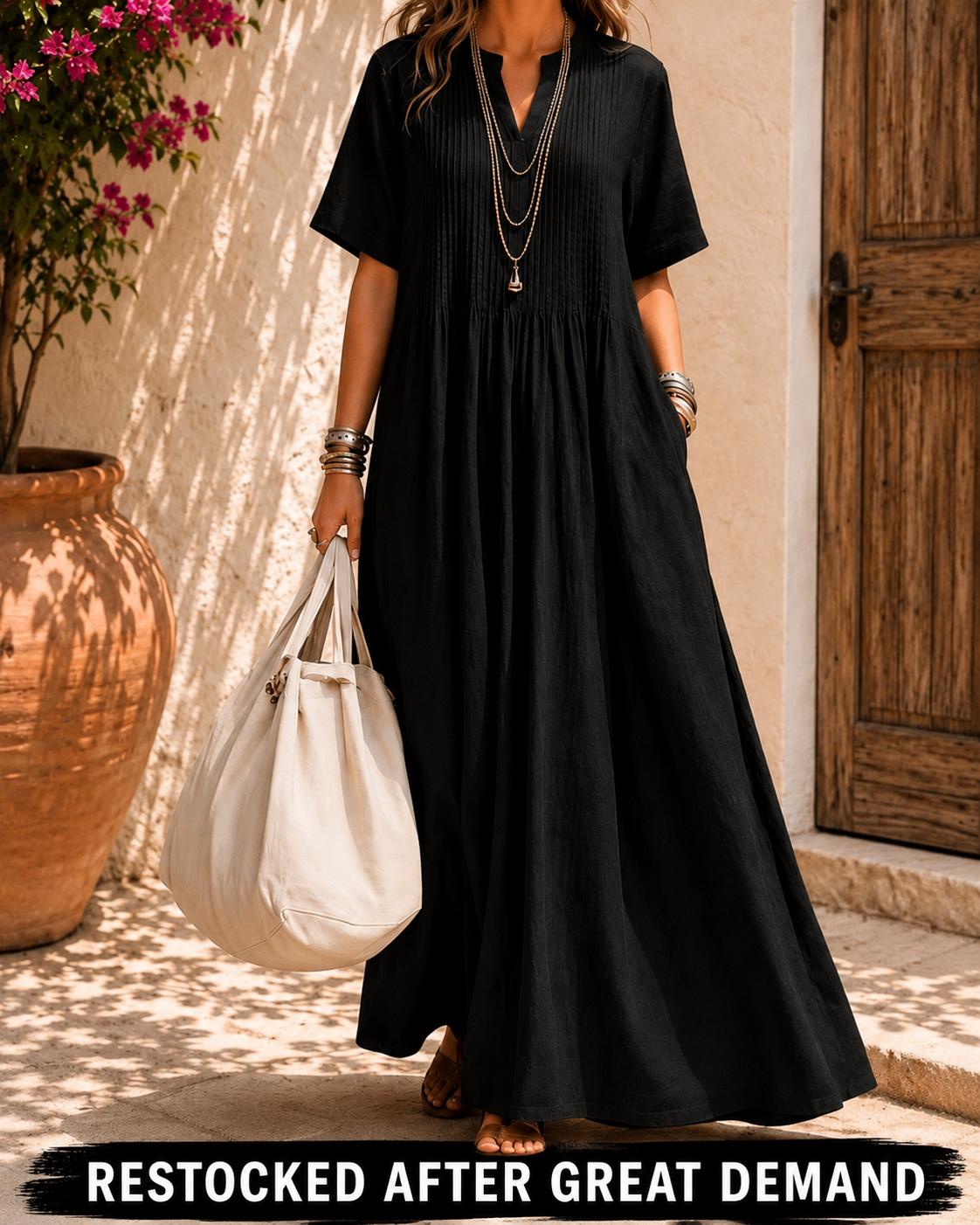 Casual Loose V-Neck Short Sleeve Pleated Cotton Linen Maxi Dress for Women