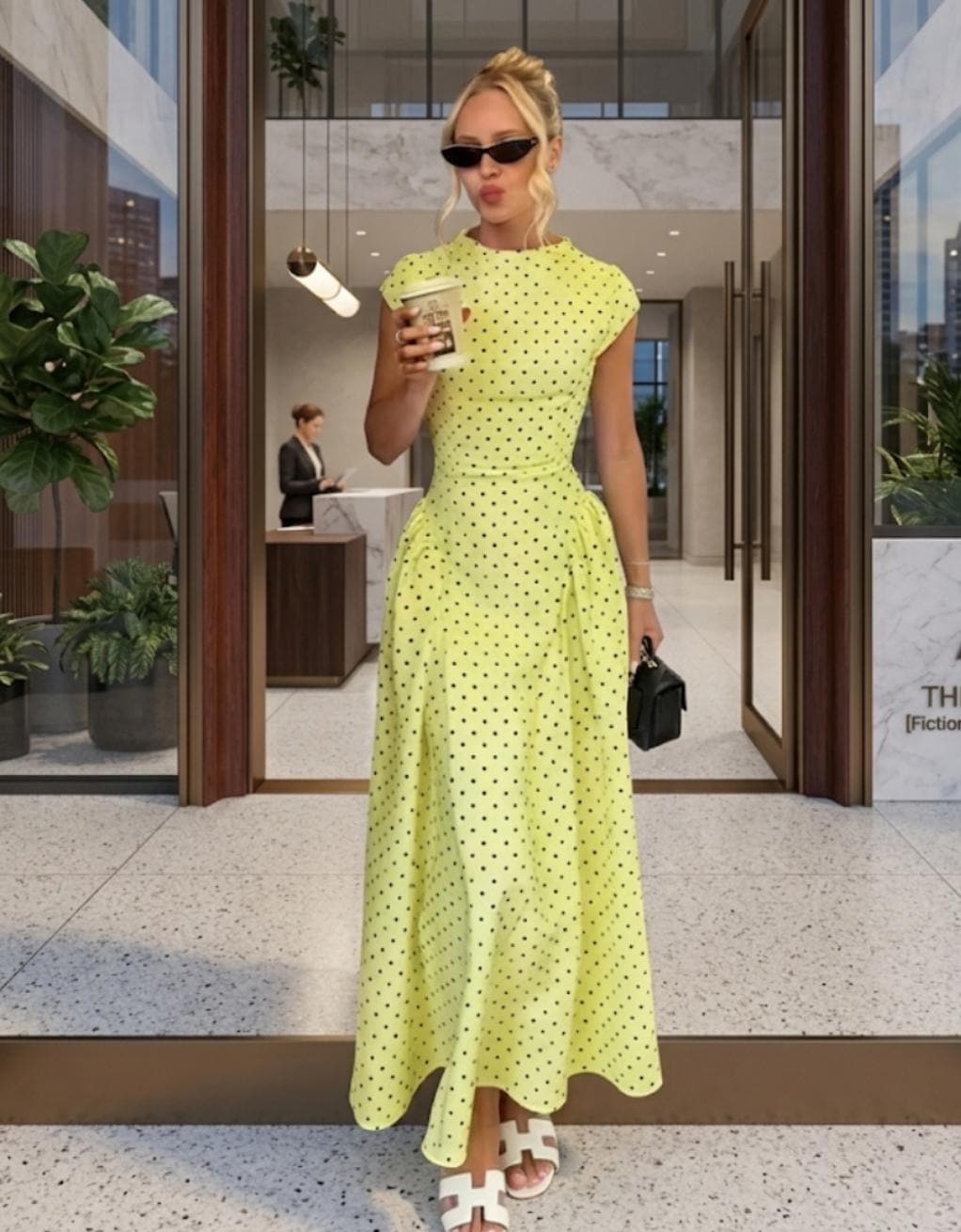 Polka Dot Maxi Dress, Mock Neck Cap Sleeve, Flowy A-Line Summer Vacation Party