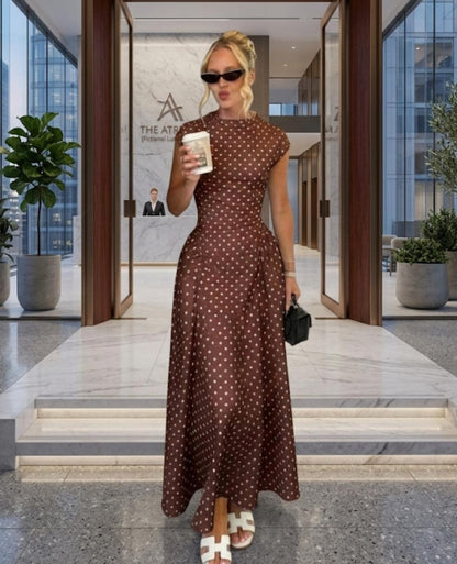 Polka Dot Maxi Dress, Mock Neck Cap Sleeve, Flowy A-Line Summer Vacation Party