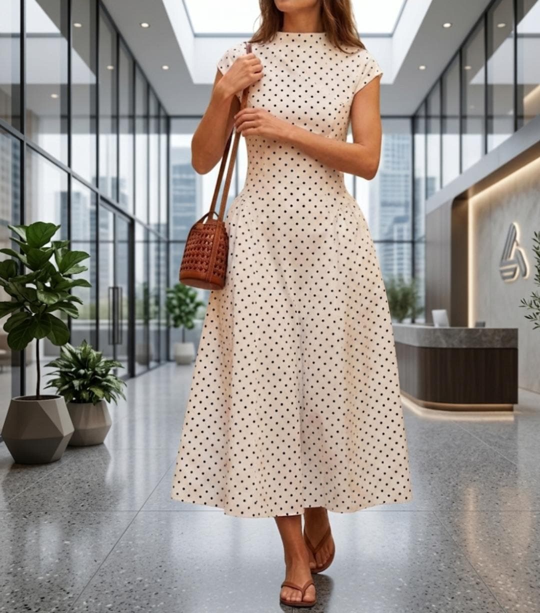 Polka Dot Maxi Dress, Mock Neck Cap Sleeve, Flowy A-Line Summer Vacation Party