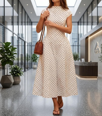 Polka Dot Maxi Dress, Mock Neck Cap Sleeve, Flowy A-Line Summer Vacation Party