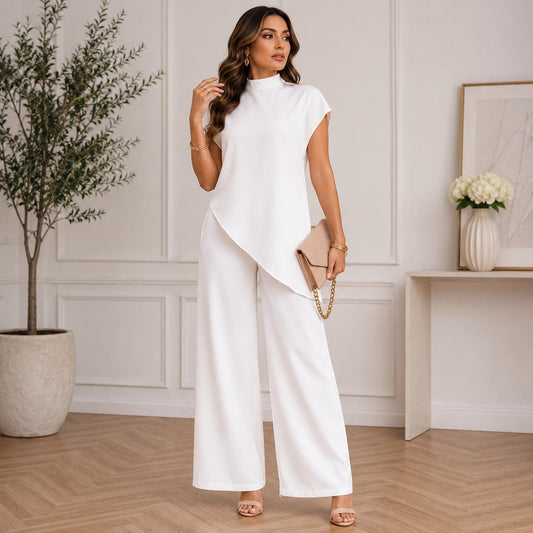 Women's Summer Two Piece Outfit, Floral Wide Leg Pant Set, Asymmetrical Tunic Top, Resort Vacation Lounge Set, Casual Elegant Co Ord