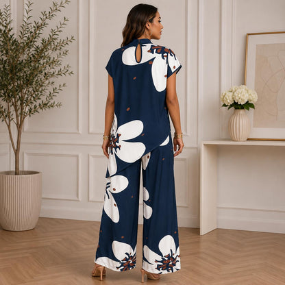Women's Summer Two Piece Outfit, Floral Wide Leg Pant Set, Asymmetrical Tunic Top, Resort Vacation Lounge Set, Casual Elegant Co Ord