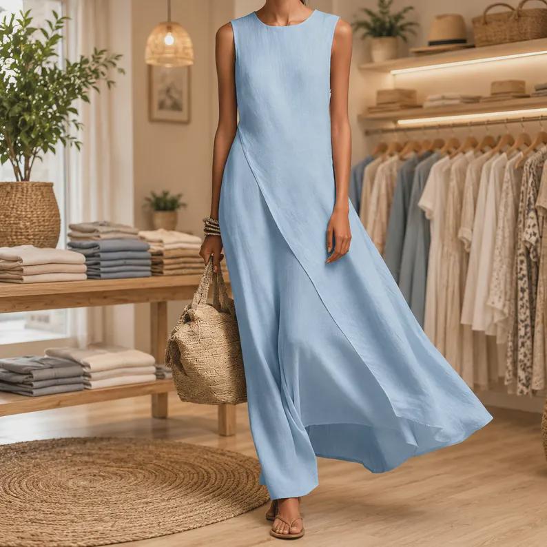 Linen Maxi Dress Women, Elegant Sleeveless Boho , Flowy Summer Beach, LooseFit Vacation Outfit
