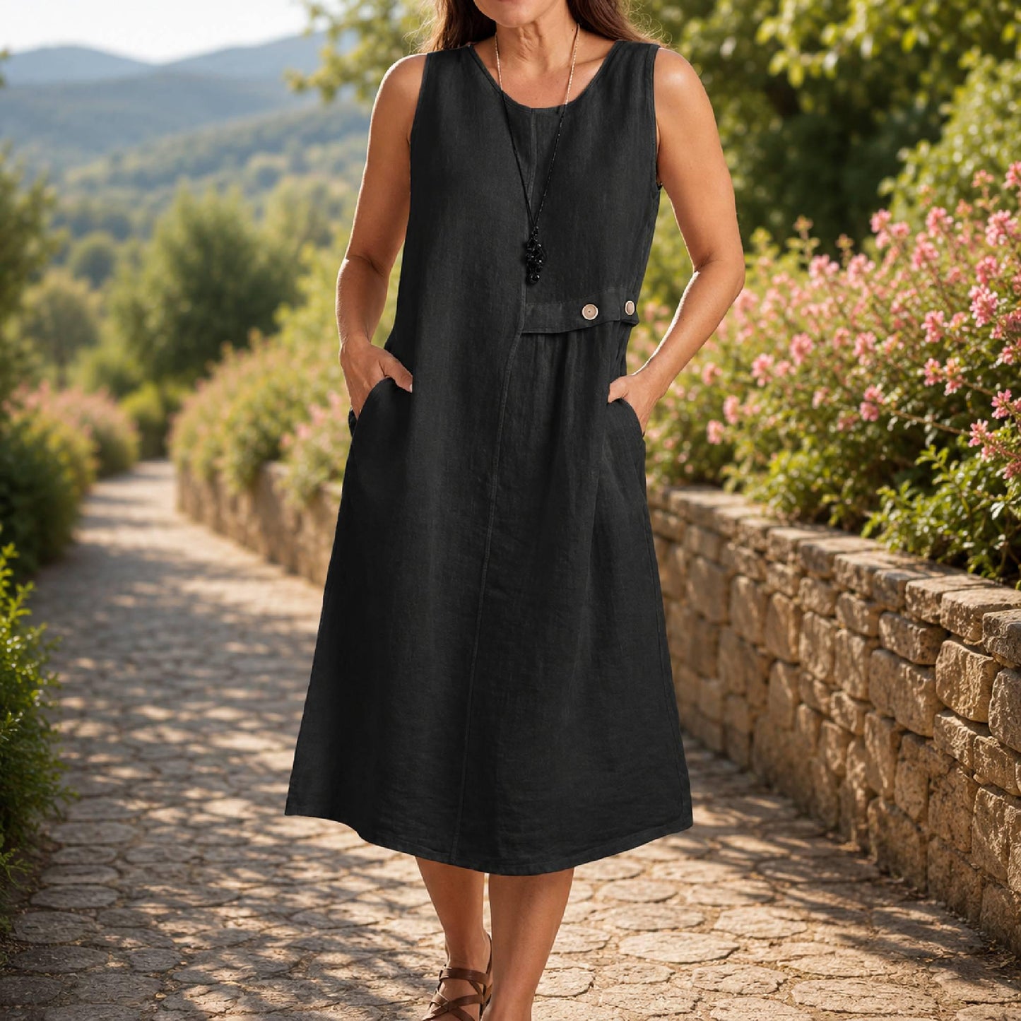 Womens Summer Midi Dress Sleeveless Pocket Casual Loose Beach Vacation Flowy Comfortable Elegant Outfit