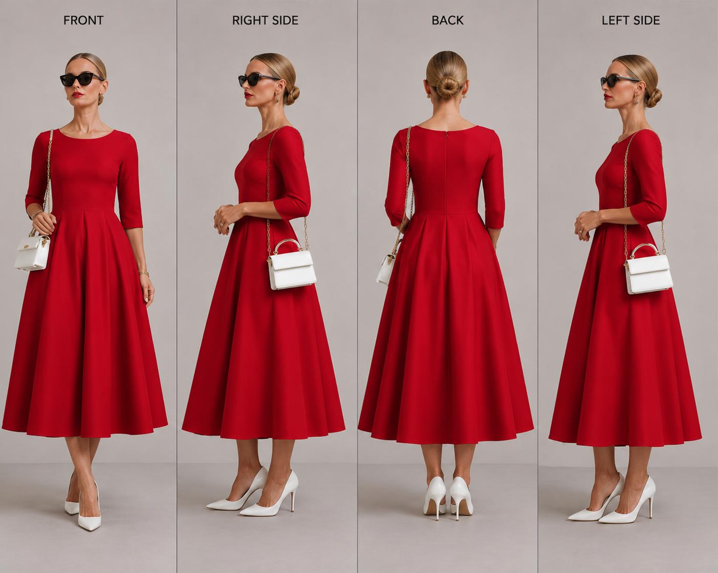 Elegant Midi Dress | A-Line Full Skirt, Boat Neckline, 3/4 Sleeves