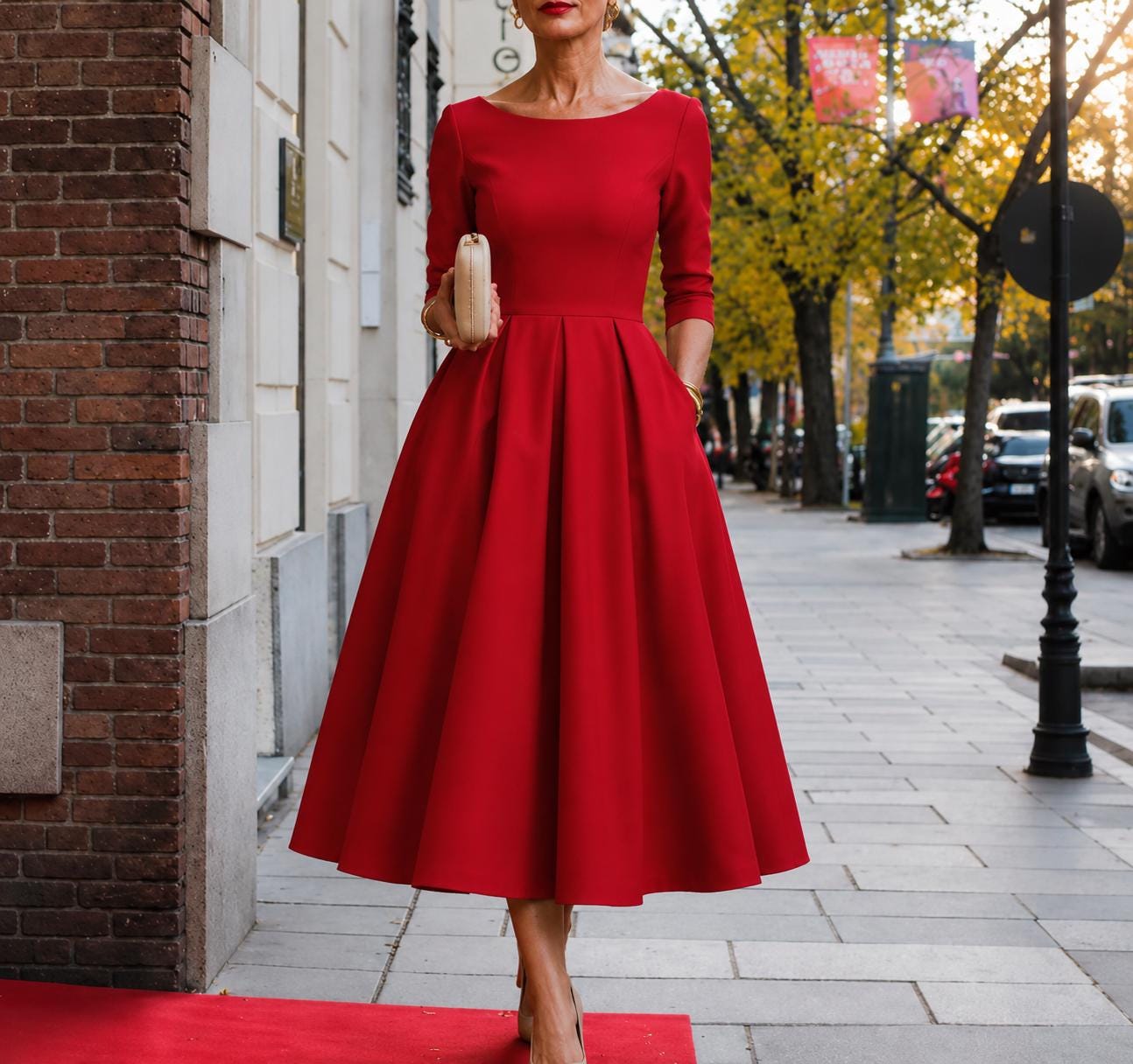 Elegant Midi Dress | A-Line Full Skirt, Boat Neckline, 3/4 Sleeves