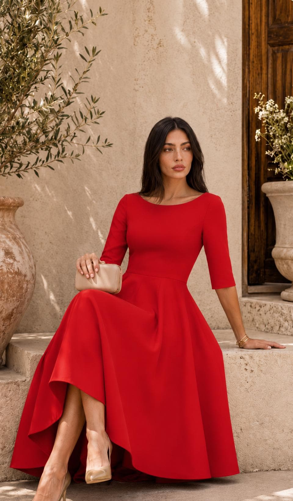 Elegant Midi Dress | A-Line Full Skirt, Boat Neckline, 3/4 Sleeves
