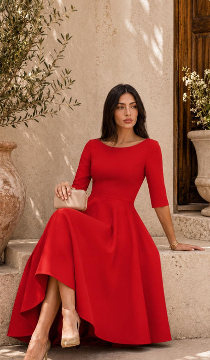 Elegant Midi Dress | A-Line Full Skirt, Boat Neckline, 3/4 Sleeves