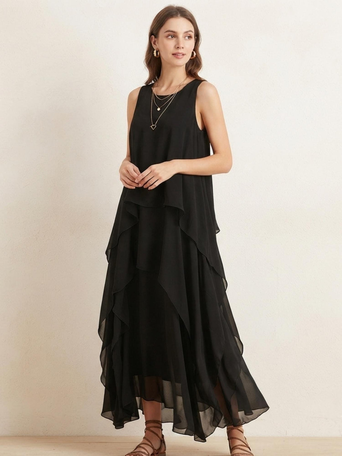 Women's Chiffon Maxi Dress Sleeveless O Neck Asymmetrical Ruffle Layered Summer Party Holiday Elegant Dress