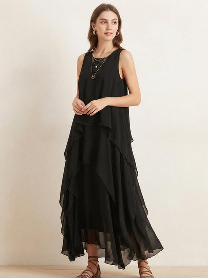 Women's Chiffon Maxi Dress Sleeveless O Neck Asymmetrical Ruffle Layered Summer Party Holiday Elegant Dress