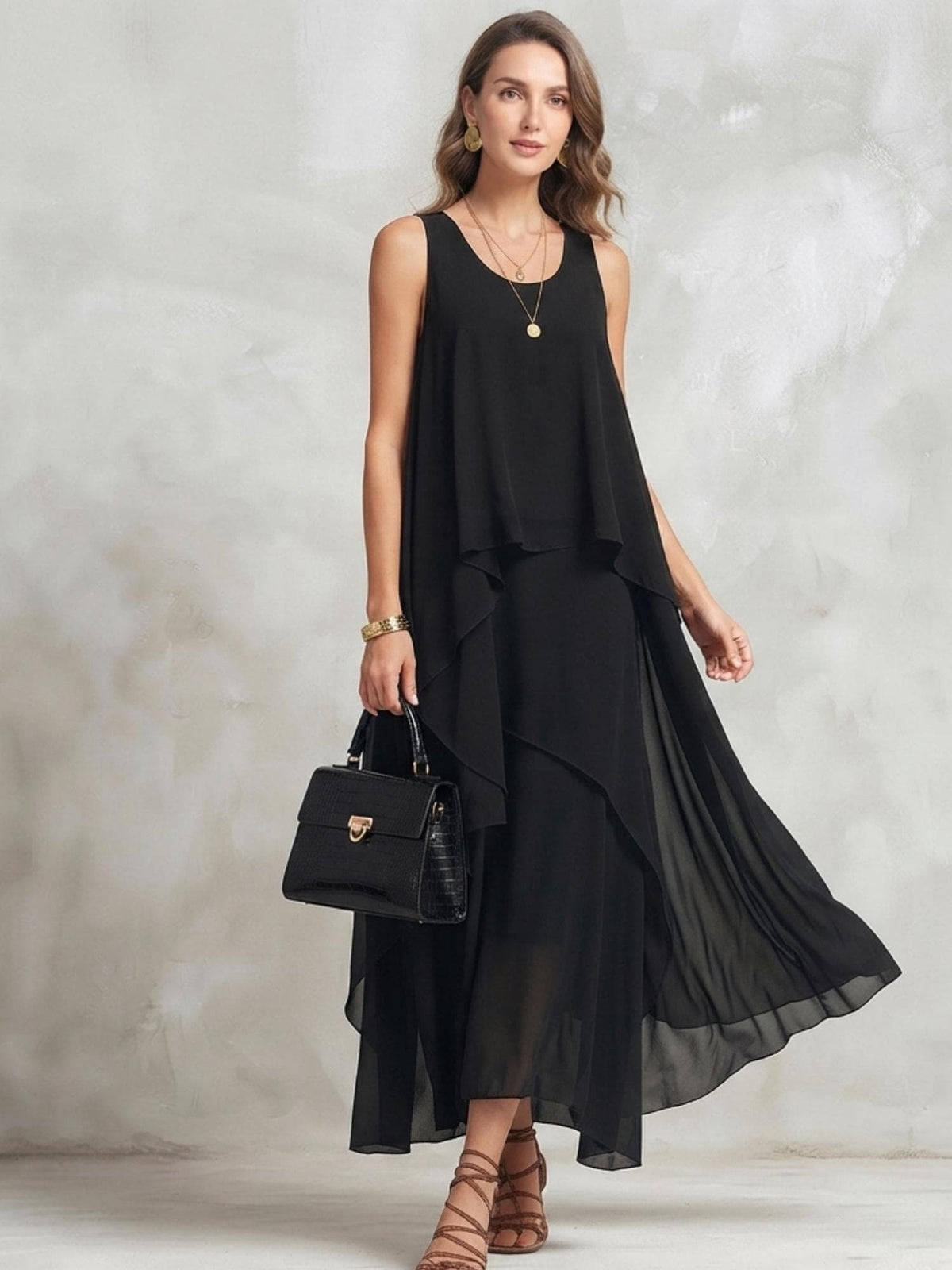 Women's Chiffon Maxi Dress Sleeveless O Neck Asymmetrical Ruffle Layered Summer Party Holiday Elegant Dress