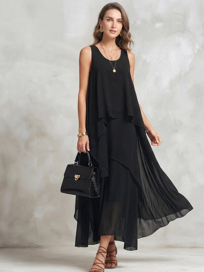 Women's Chiffon Maxi Dress Sleeveless O Neck Asymmetrical Ruffle Layered Summer Party Holiday Elegant Dress
