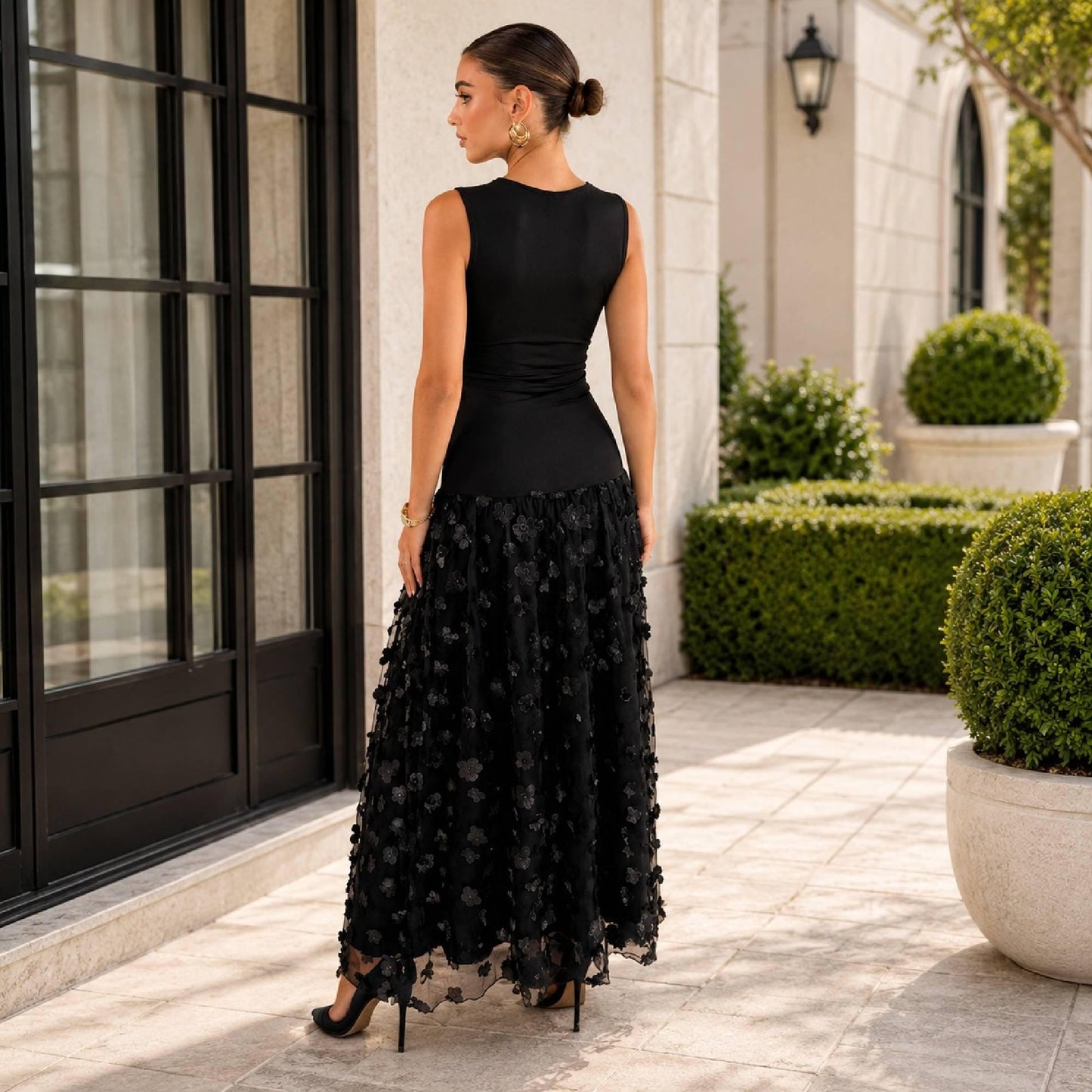 Women's Black Sleeveless Maxi Dress Floral Mesh Elegant Evening Wedding Guest Party Gown Formal