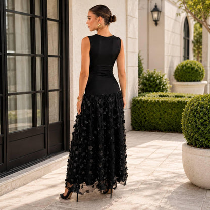 Women's Black Sleeveless Maxi Dress Floral Mesh Elegant Evening Wedding Guest Party Gown Formal