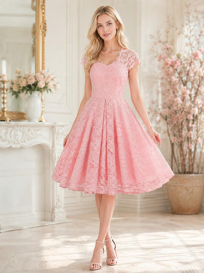 Vintage Scalloped V-Neck Pleated Lace Swing Dress Birthday Evening Prom Party Women