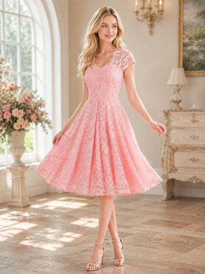 Vintage Scalloped V-Neck Pleated Lace Swing Dress Birthday Evening Prom Party Women