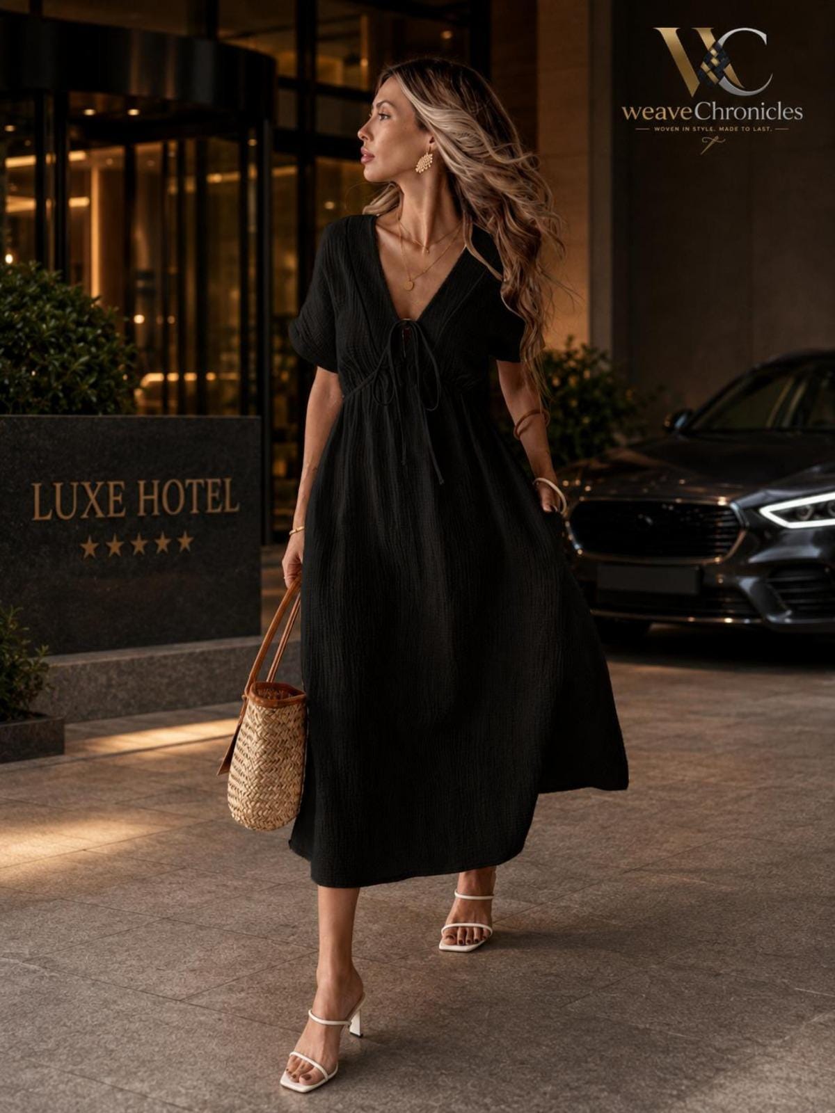 Women's Flowy Midi Dress Tie Front Dress Casual Summer Dress A Line Modest Day Dress